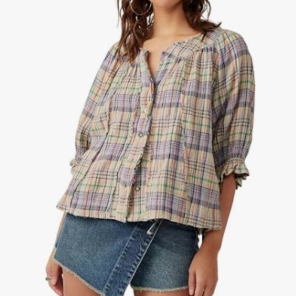 Free People We the Free Lucy Swing Top in Multicolor Au Lait Plaid Medium NWT